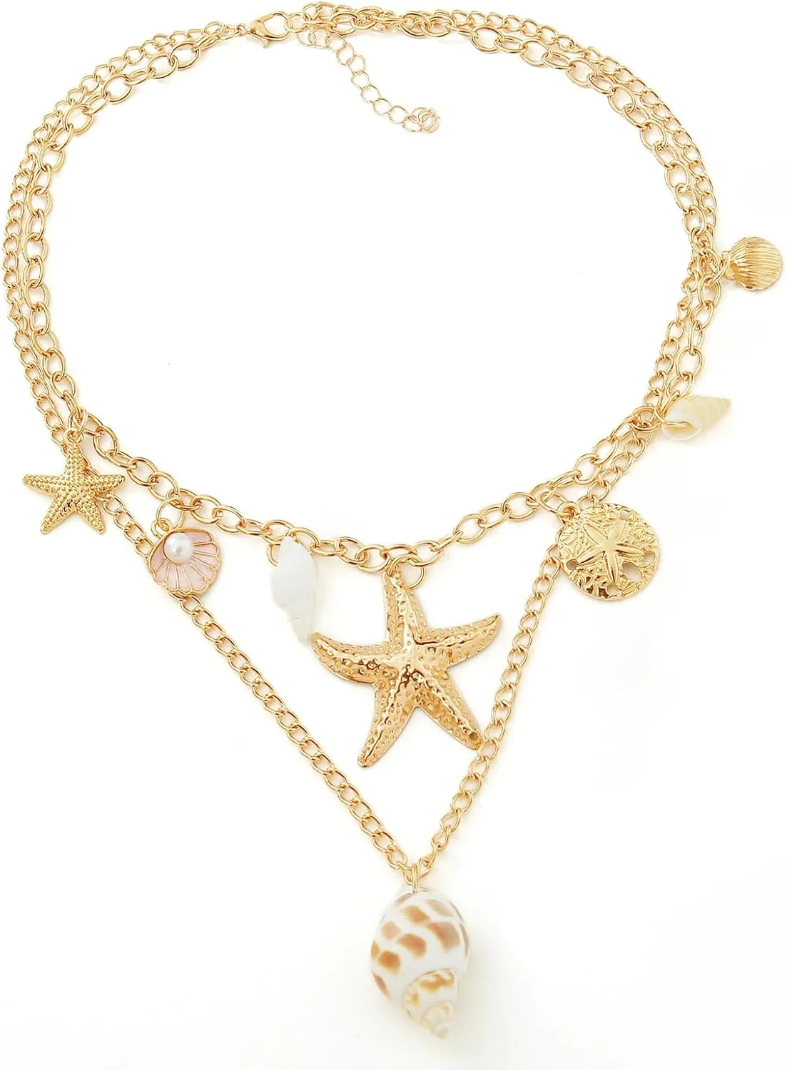 Boho Beach Charm Necklace for Women Seashell Layered Gold Charm Summer Chain Jewelry