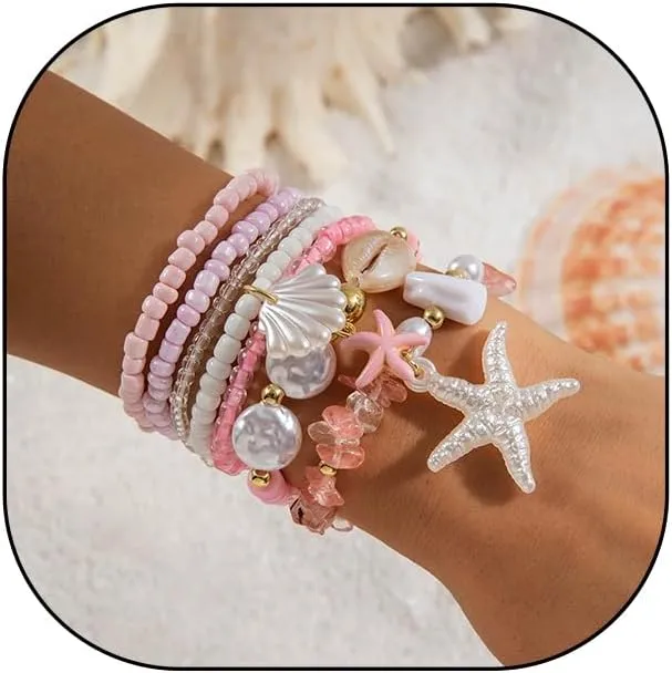 Boho Stackable Beaded Bracelets Set Sea Shell Seed Bead Bracelets Charm Starfish Anklet Surfer Bracelet for Women Summer Beach Jewelry Gifts