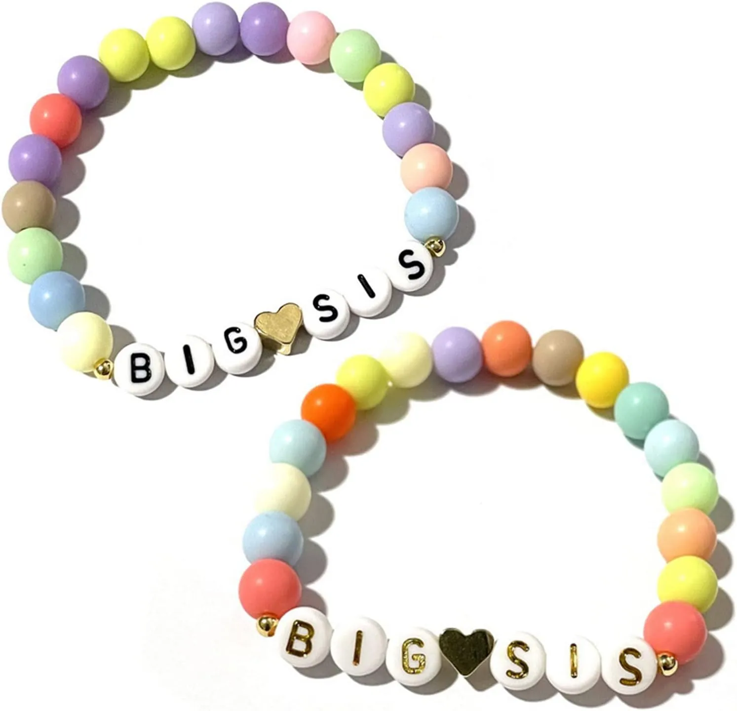 Caiyao Handmade 2pcs Colorful Big Little Sis Announcement Heart Pastel Beads Adjustable Lightweight Cute Cool Bracelet Friendship Birthday Jewelry for Women