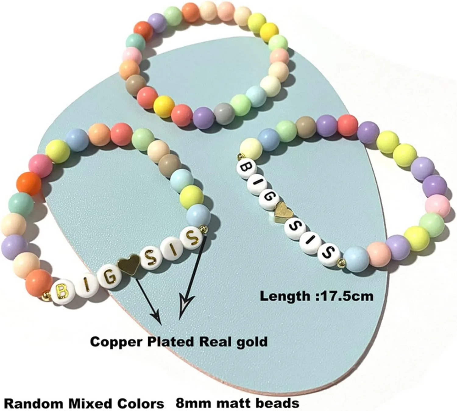 Caiyao Handmade 2pcs Colorful Big Little Sis Announcement Heart Pastel Beads Adjustable Lightweight Cute Cool Bracelet Friendship Birthday Jewelry for Women