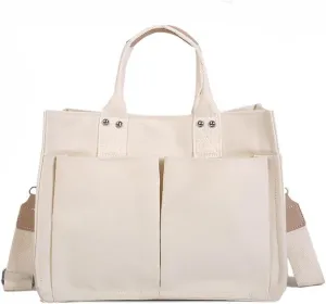 Canvas Bag with Handle, Multi-Pocket Shoulder Tote Purse, Durable & Wear-Resistant Messenger Bag, Reusable Handbag, Large Capacity Canvas Mommy Bag, Easy-to-Clean, White