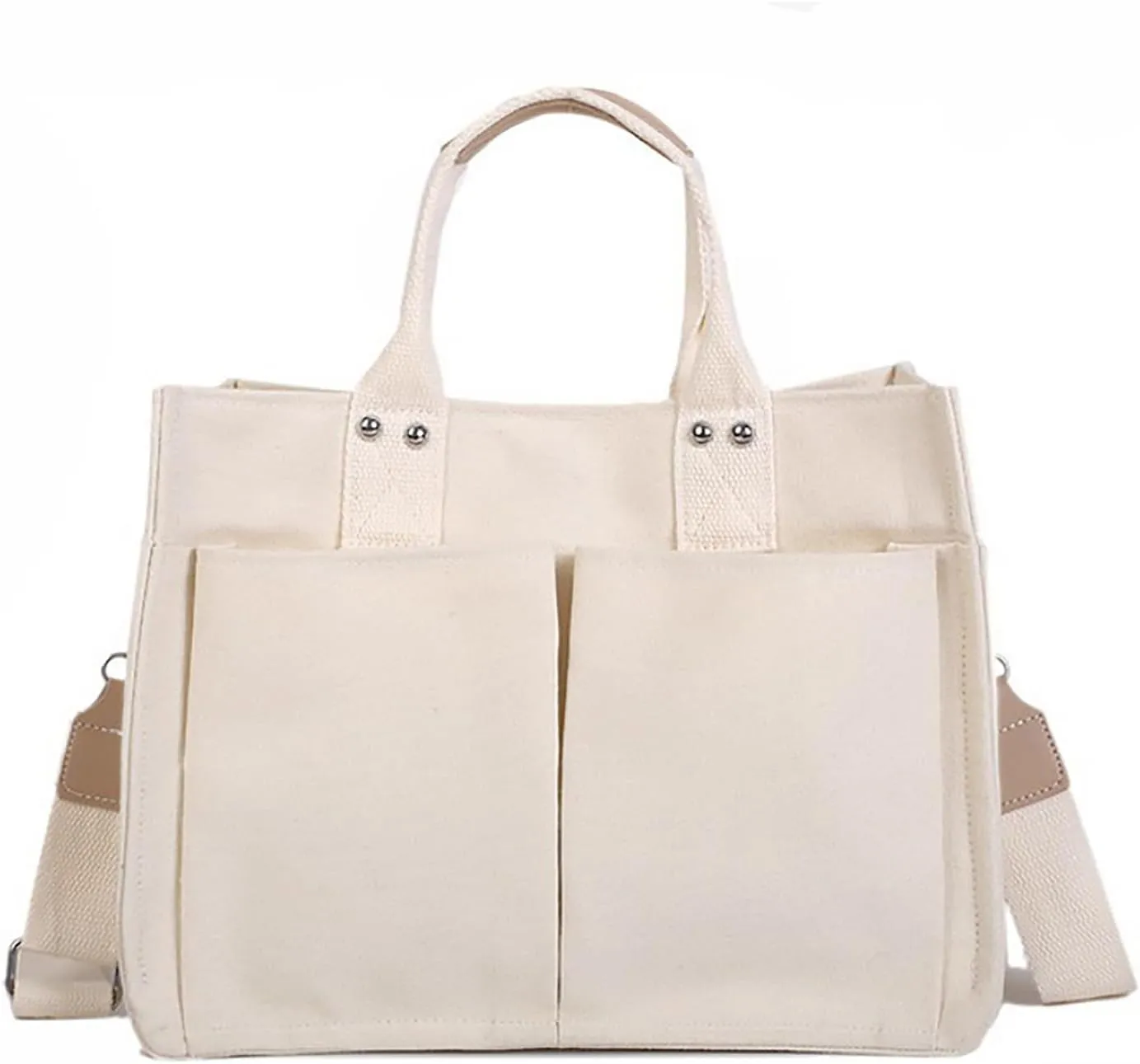 Canvas Bag with Handle, Multi-Pocket Shoulder Tote Purse, Durable & Wear-Resistant Messenger Bag, Reusable Handbag, Large Capacity Canvas Mommy Bag, Easy-to-Clean, White