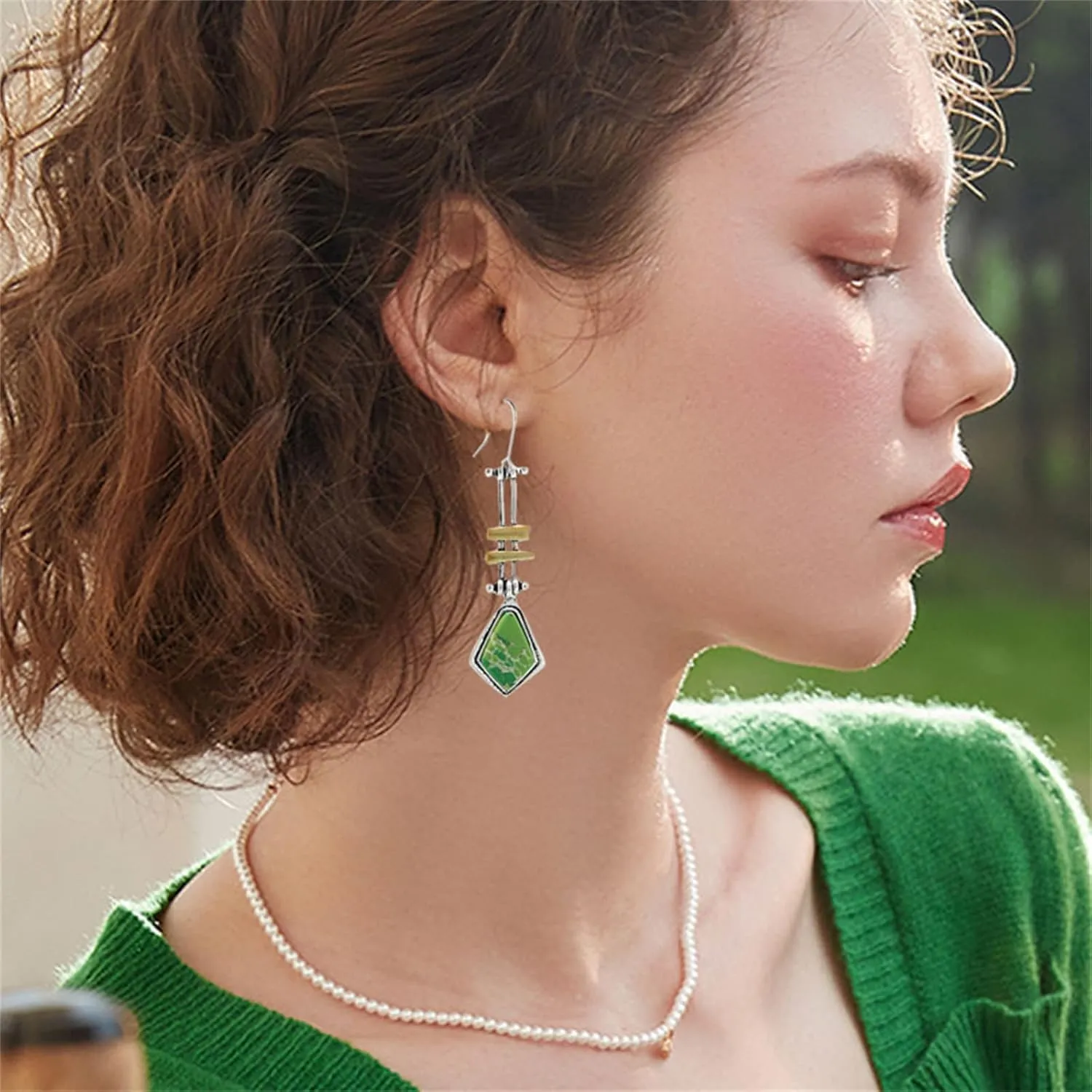 coadipress Long Turquoise Stone Earrings for Women Handmade Vintage Unique Chic Boho Geometric Statement Creative Ethnic Natural Gemstone Hoop Dangle Earrings Jewelry