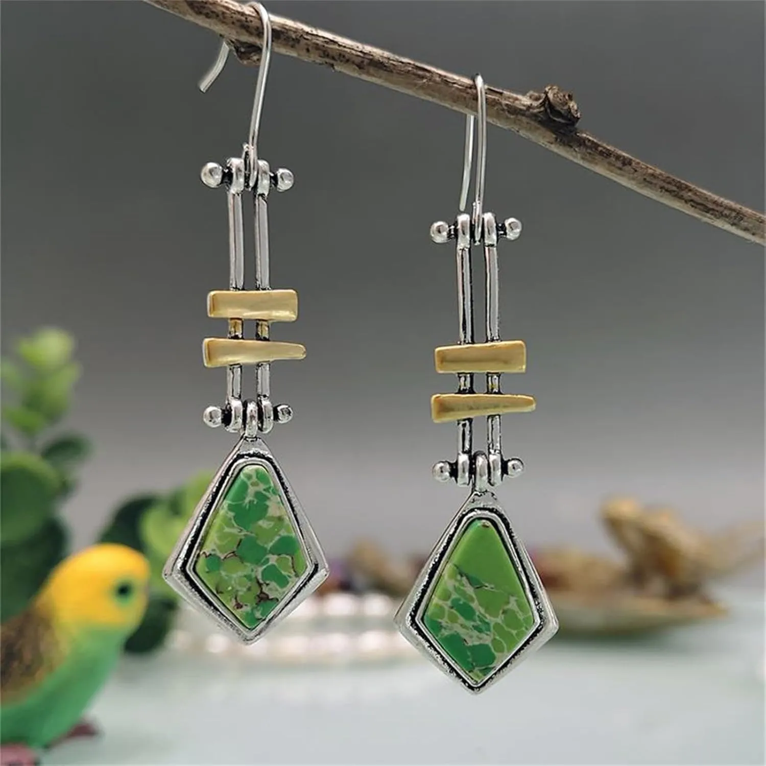 coadipress Long Turquoise Stone Earrings for Women Handmade Vintage Unique Chic Boho Geometric Statement Creative Ethnic Natural Gemstone Hoop Dangle Earrings Jewelry