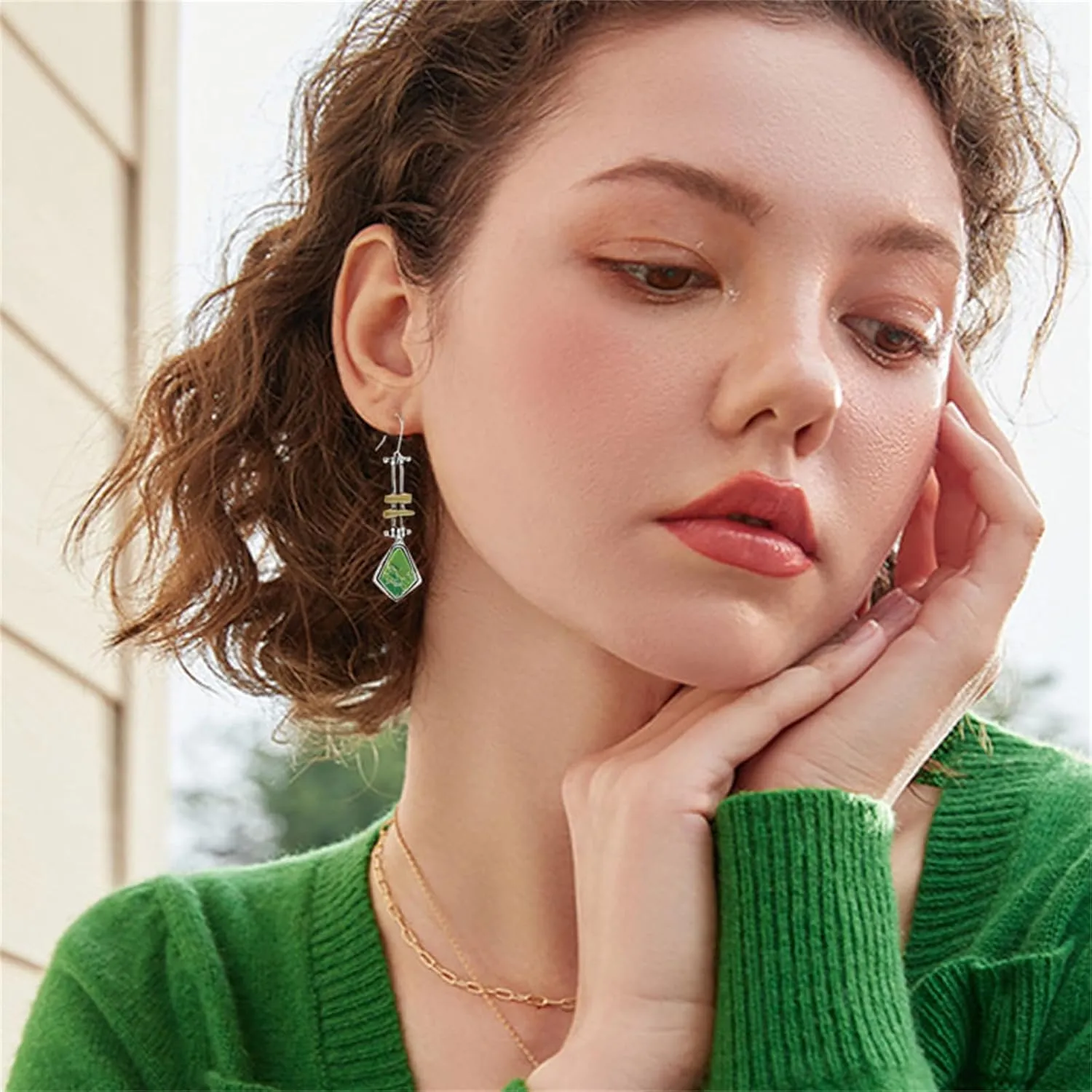 coadipress Long Turquoise Stone Earrings for Women Handmade Vintage Unique Chic Boho Geometric Statement Creative Ethnic Natural Gemstone Hoop Dangle Earrings Jewelry