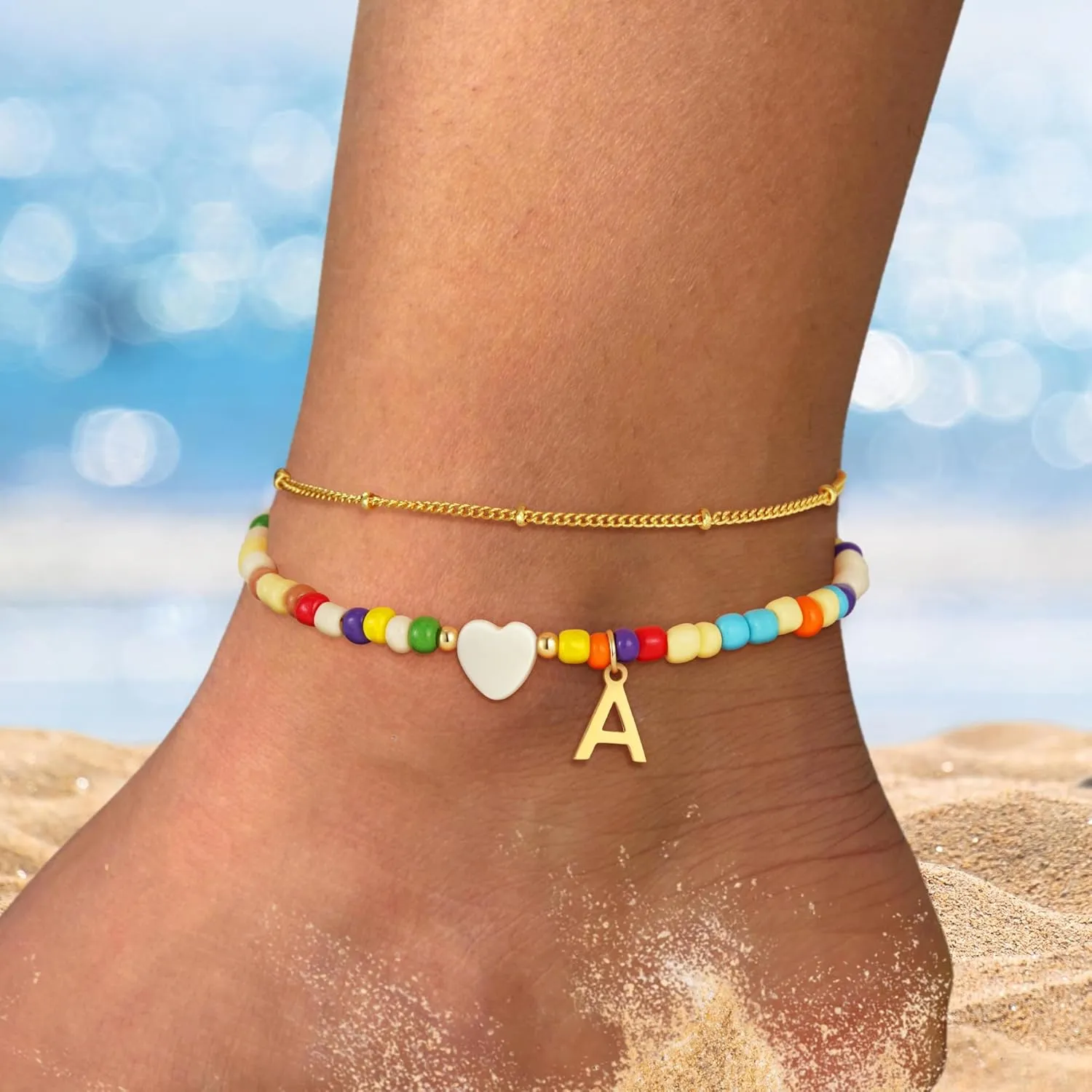 Colorful Initial Ankle Bracelets for Women - 14K Gold Plated Layered Heart Initial Anklets Bracelet Dainty A - Z Letter Ankle Bracelet Colorful Layered Anklet Bracelet for Women