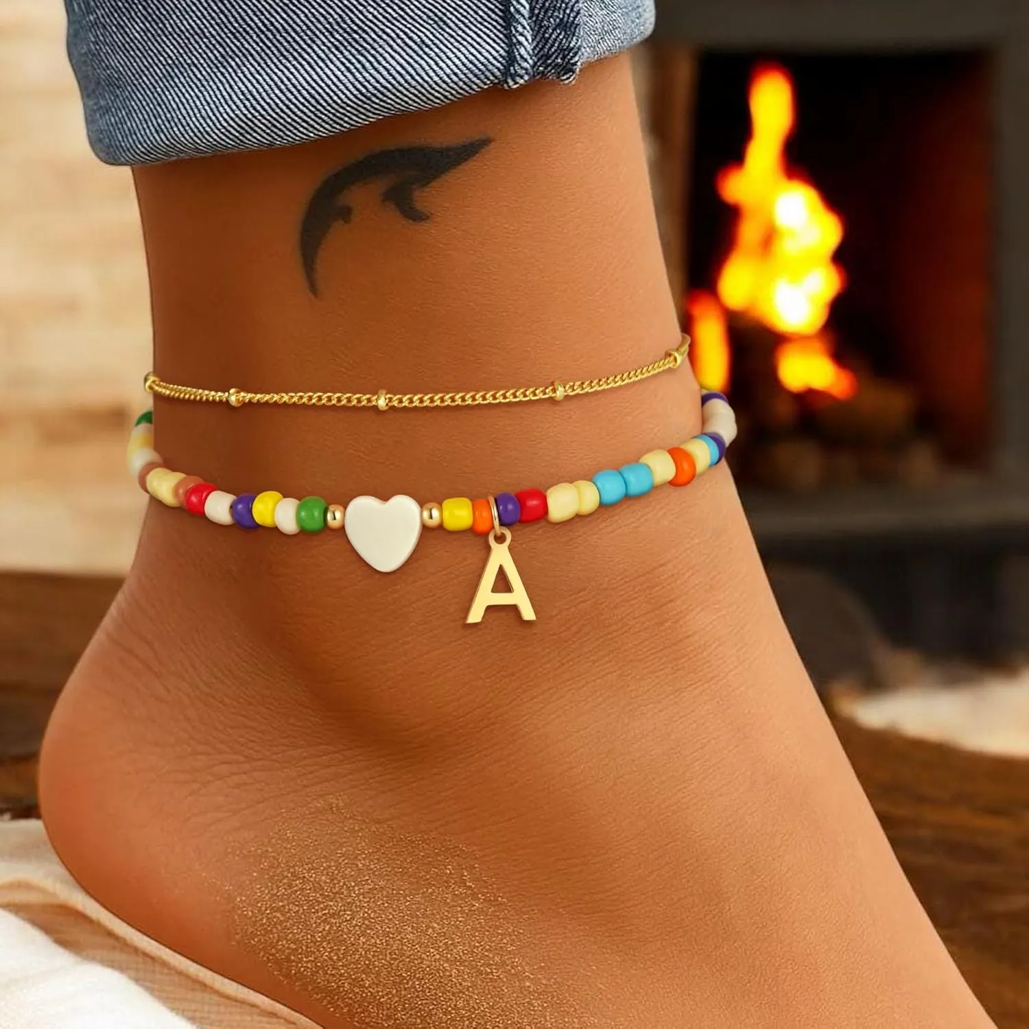 Colorful Initial Ankle Bracelets for Women - 14K Gold Plated Layered Heart Initial Anklets Bracelet Dainty A - Z Letter Ankle Bracelet Colorful Layered Anklet Bracelet for Women