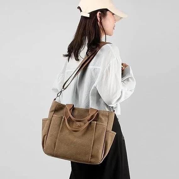 Crossbody Canvas Bag Women Large Capacity Portable Vintage Travel Satchel Handbags Multi Pocket Shoulder Bags