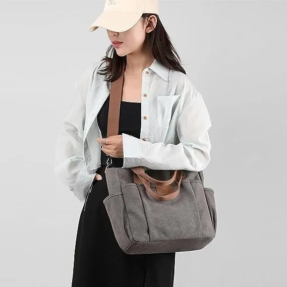 Crossbody Canvas Bag Women Large Capacity Portable Vintage Travel Satchel Handbags Multi Pocket Shoulder Bags