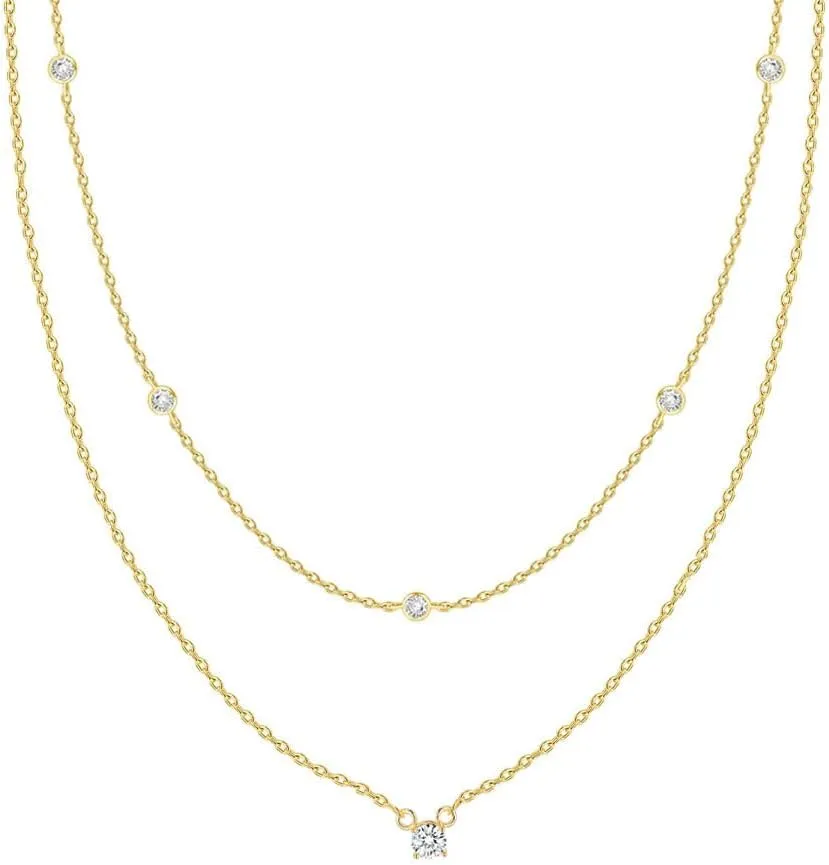 Cubic Zirconia Layered Necklace Pendant Necklace for Women14K Gold Plated CZ Square Necklaces,Choker Necklaces Jewelry Gifts for Women