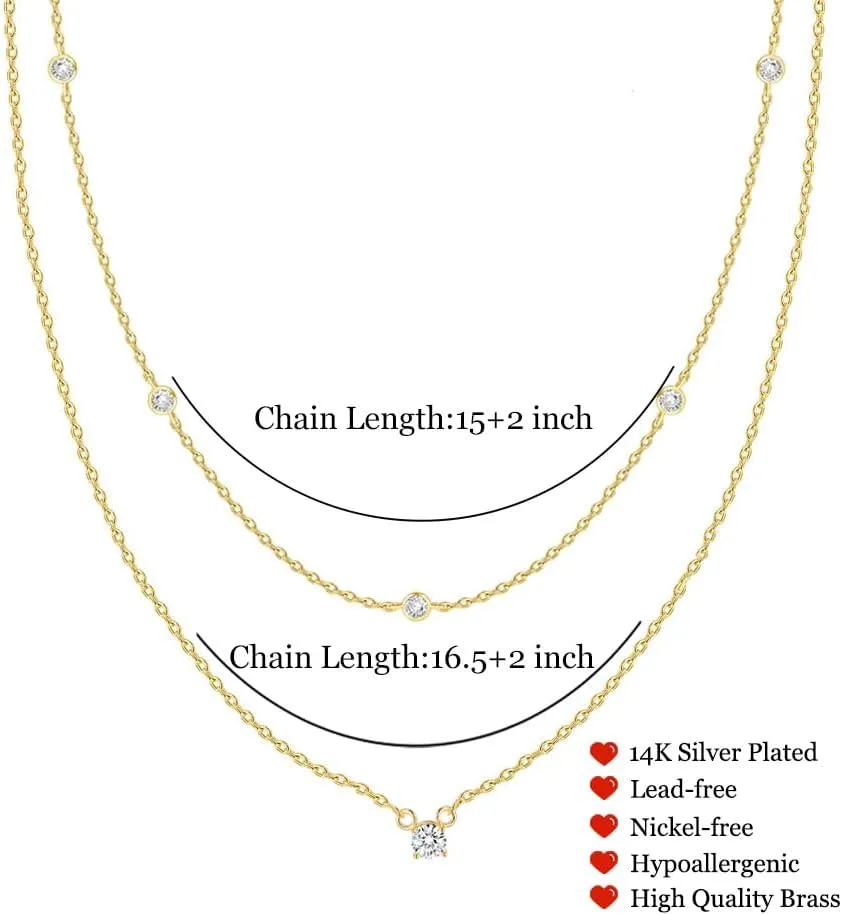 Cubic Zirconia Layered Necklace Pendant Necklace for Women14K Gold Plated CZ Square Necklaces,Choker Necklaces Jewelry Gifts for Women