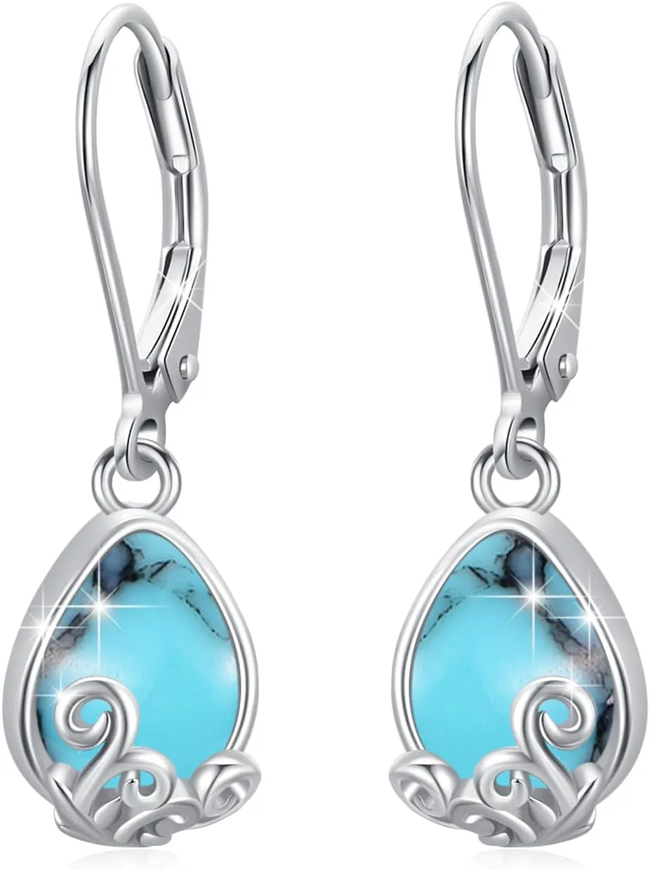 Cuoka Moonstone Earrings 925 Sterling Silver Moonstone Drop Dangle Earrings, Moonstone Small Hoop Earrings Square Huggie Earrings Jewelry Gift for Women, Sterling Silver, Turquoise