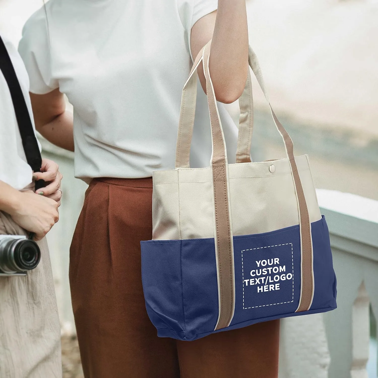 Custom Dual Color Shoulder Tote Bags Set of 24, Personalized Bulk Pack - Cool Modern Design, Perfect For Everyday Use - Blue