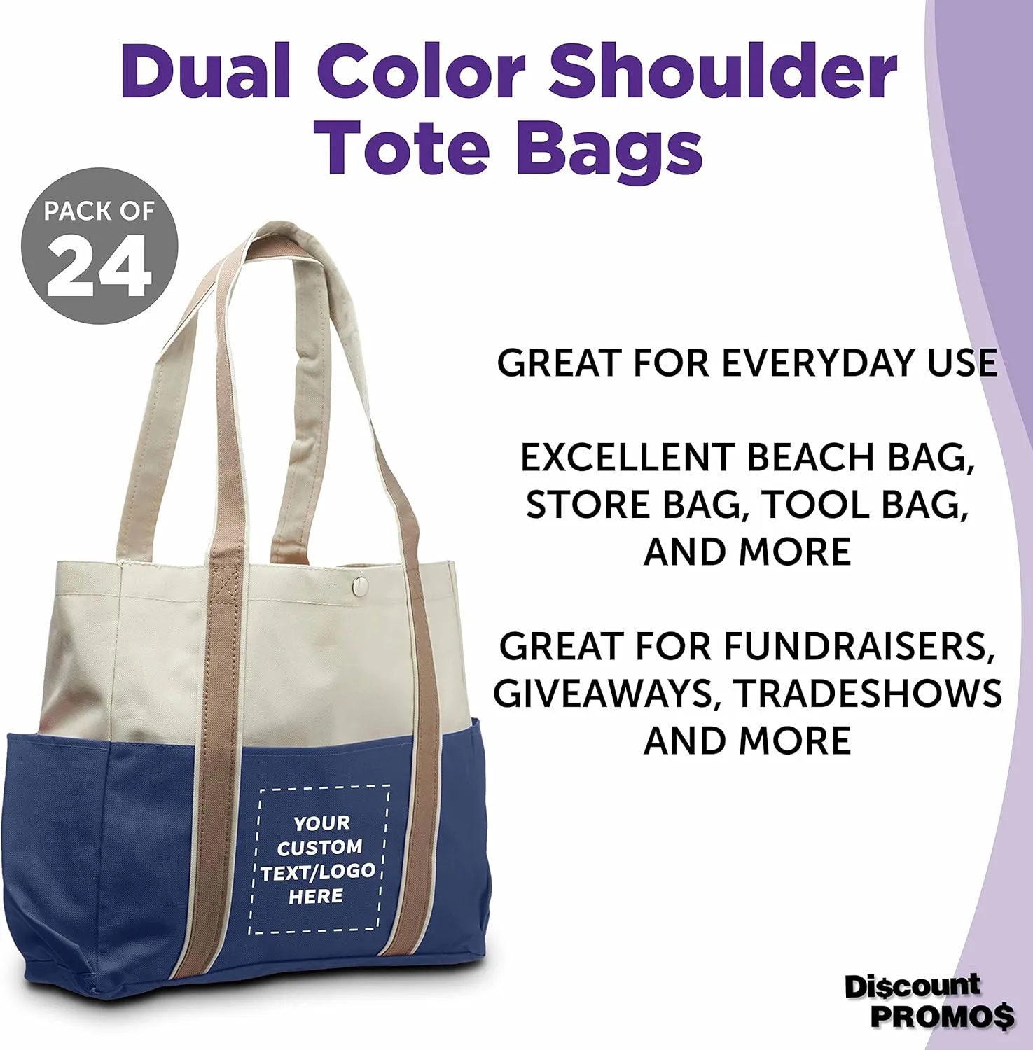 Custom Dual Color Shoulder Tote Bags Set of 24, Personalized Bulk Pack - Cool Modern Design, Perfect For Everyday Use - Blue