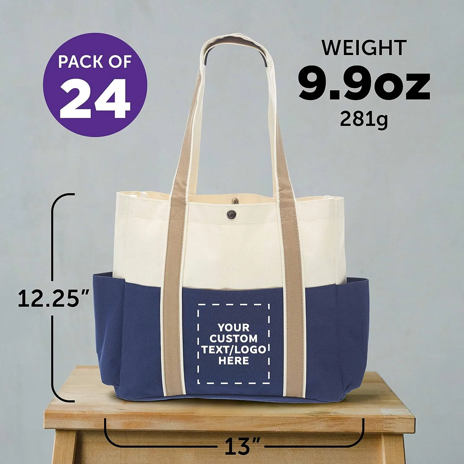 Custom Dual Color Shoulder Tote Bags Set of 24, Personalized Bulk Pack - Cool Modern Design, Perfect For Everyday Use - Blue
