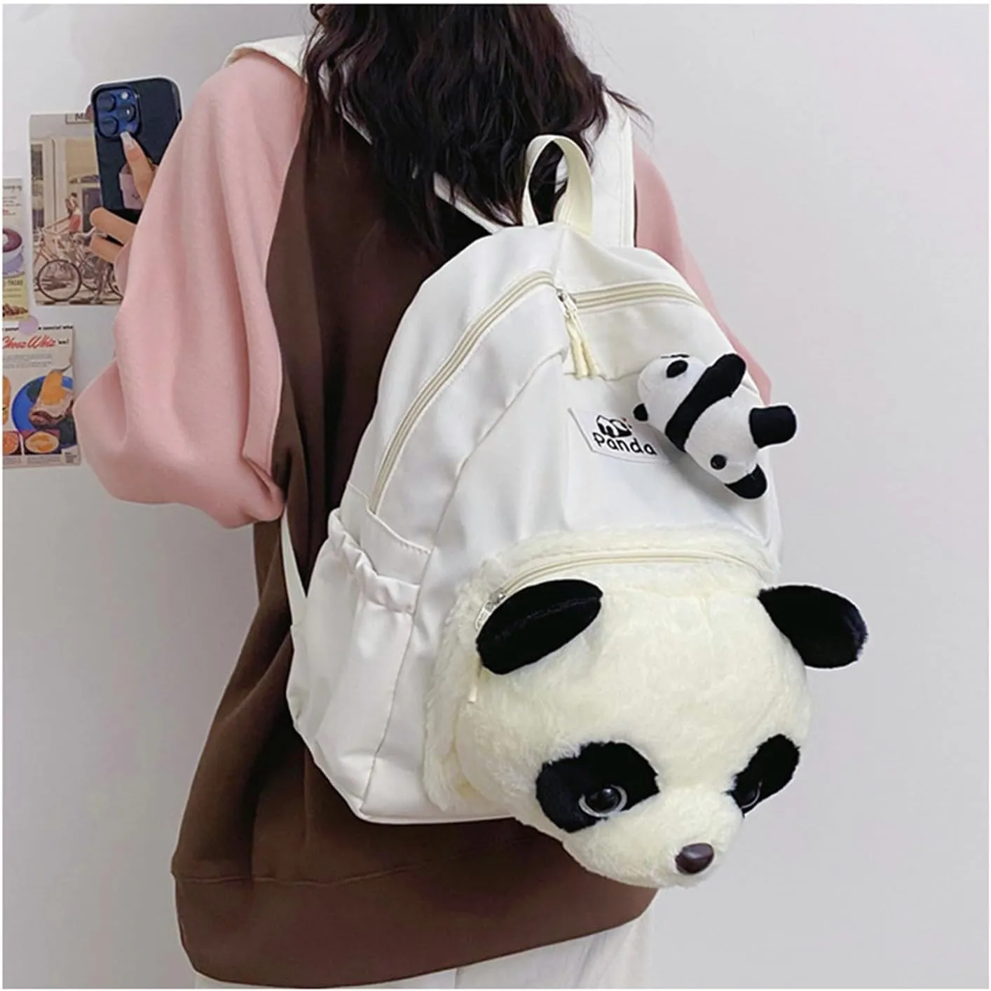 Cute Funny Panda Shape Backpack for Women Men Plush Panda Travel Backpack Large Capacity Weekend Rucksack Lightweight Travel Daypack Beige