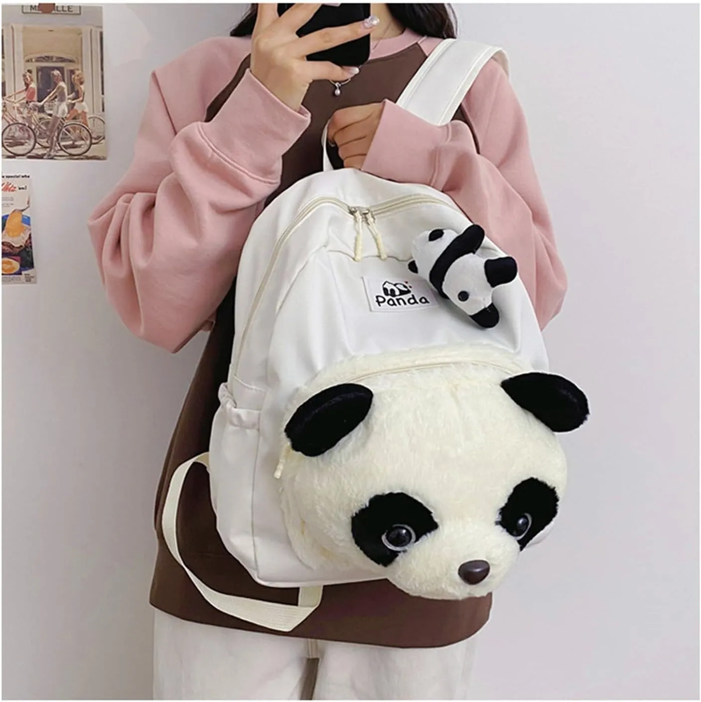Cute Funny Panda Shape Backpack for Women Men Plush Panda Travel Backpack Large Capacity Weekend Rucksack Lightweight Travel Daypack Beige