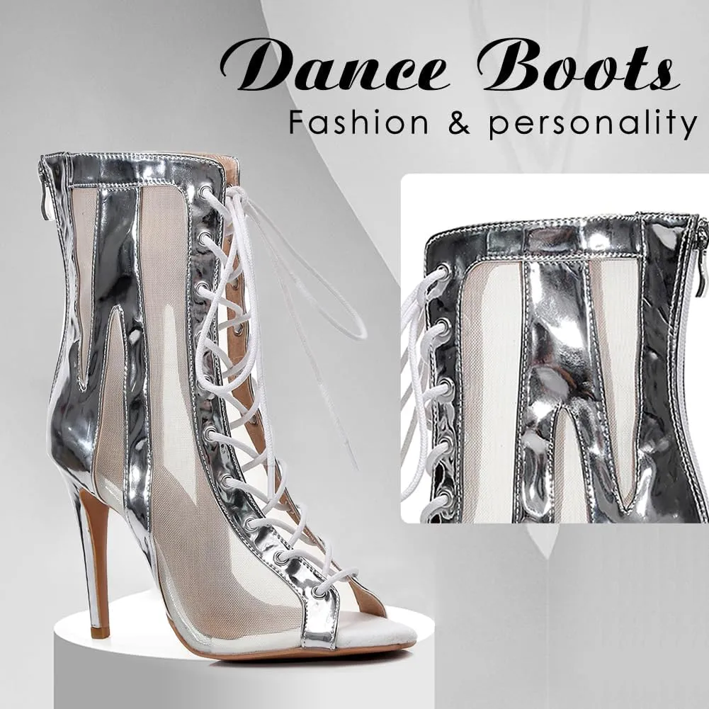 DKZSYIM Open Toe Dance Boots Women Latin Salsa Ballroom Lace-up Ankle Dance Shoes,Model QJW7259