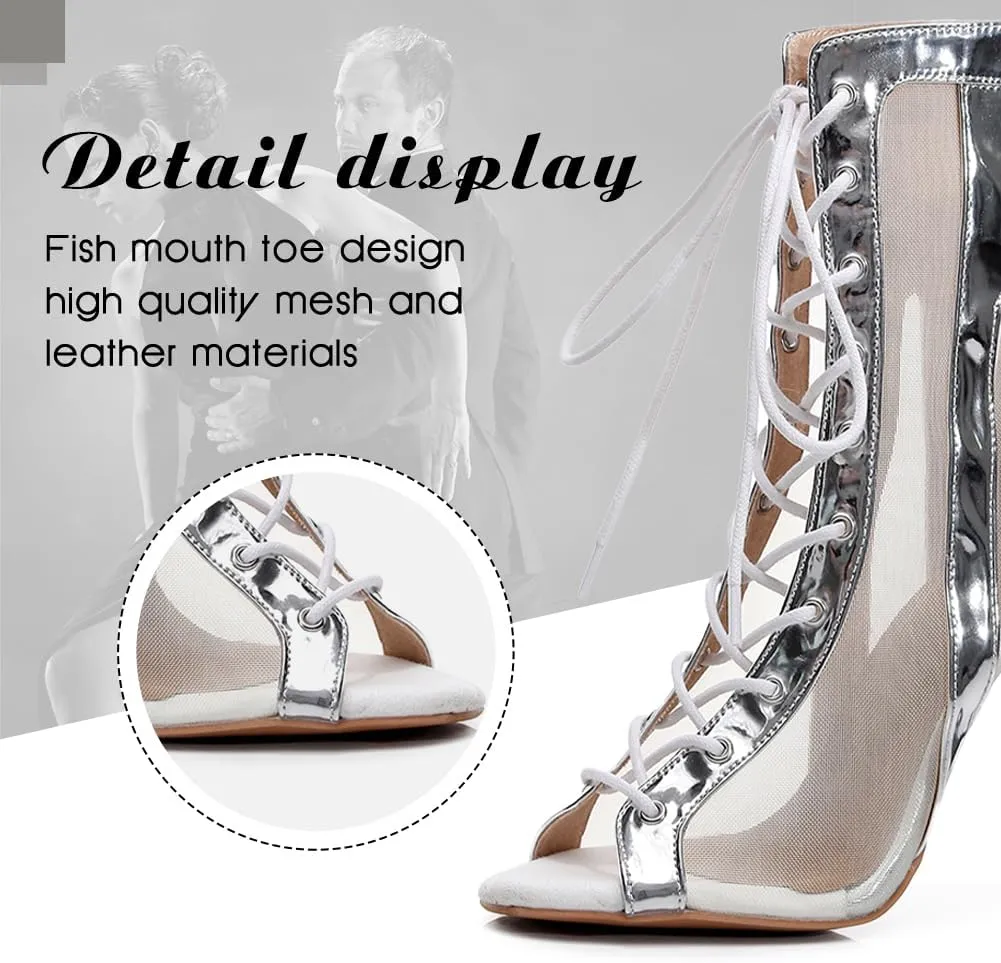 DKZSYIM Open Toe Dance Boots Women Latin Salsa Ballroom Lace-up Ankle Dance Shoes,Model QJW7259