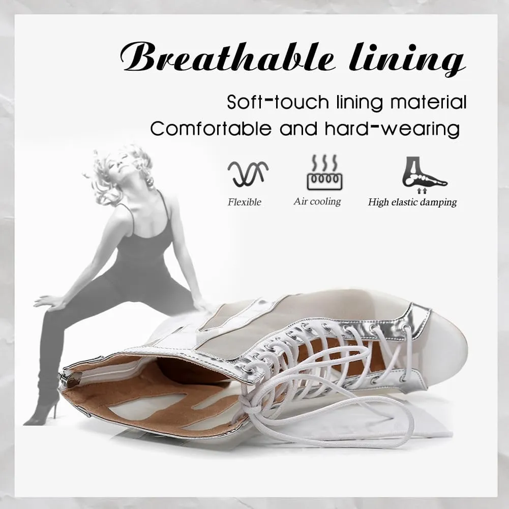 DKZSYIM Open Toe Dance Boots Women Latin Salsa Ballroom Lace-up Ankle Dance Shoes,Model QJW7259