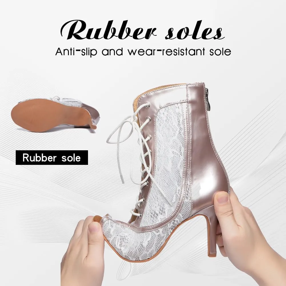 DKZSYIM Open Toe Dance Boots Women Latin Salsa Ballroom Lace-up Ankle Dance Shoes,Model YCL563