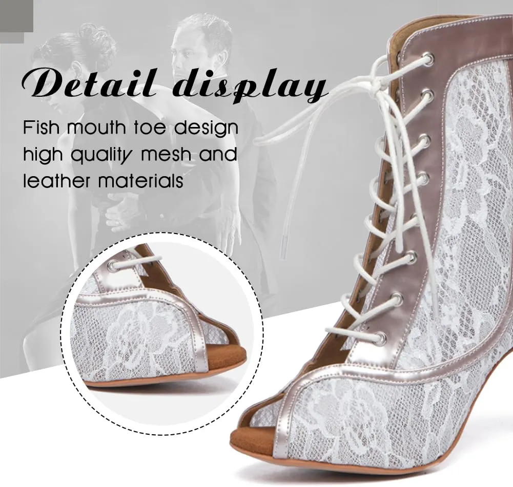 DKZSYIM Open Toe Dance Boots Women Latin Salsa Ballroom Lace-up Ankle Dance Shoes,Model YCL563