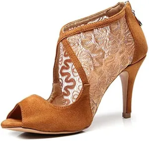 DKZSYIM Women's Ballroom Dance Shoes 3 1/3 Inch High Heel Ankle Booties Performance Dance Boots,Model QJW1004