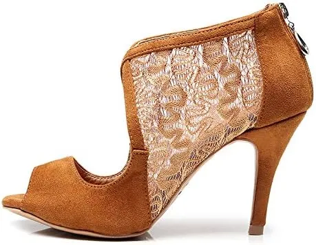 DKZSYIM Women's Ballroom Dance Shoes 3 1/3 Inch High Heel Ankle Booties Performance Dance Boots,Model QJW1004