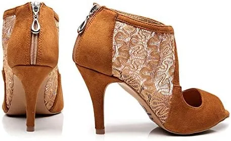 DKZSYIM Women's Ballroom Dance Shoes 3 1/3 Inch High Heel Ankle Booties Performance Dance Boots,Model QJW1004