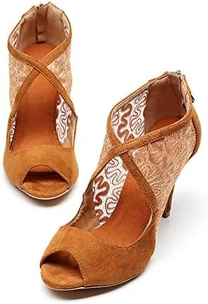 DKZSYIM Women's Ballroom Dance Shoes 3 1/3 Inch High Heel Ankle Booties Performance Dance Boots,Model QJW1004