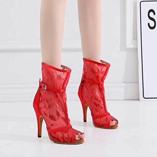 DKZSYIM Women's Ballroom Dance Shoes 3 1/3 Inch High Heel Ankle Booties Performance Dance Boots,Model QJW1052