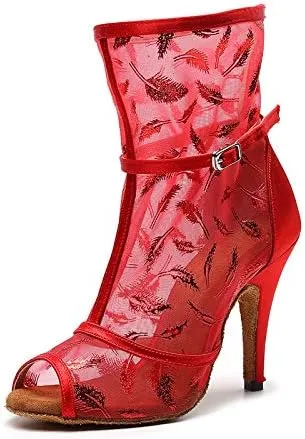 DKZSYIM Women's Ballroom Dance Shoes 3 1/3 Inch High Heel Ankle Booties Performance Dance Boots,Model QJW1052