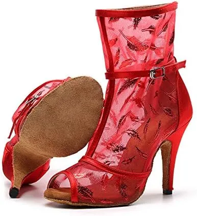 DKZSYIM Women's Ballroom Dance Shoes 3 1/3 Inch High Heel Ankle Booties Performance Dance Boots,Model QJW1052