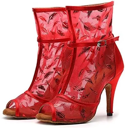 DKZSYIM Women's Ballroom Dance Shoes 3 1/3 Inch High Heel Ankle Booties Performance Dance Boots,Model QJW1052