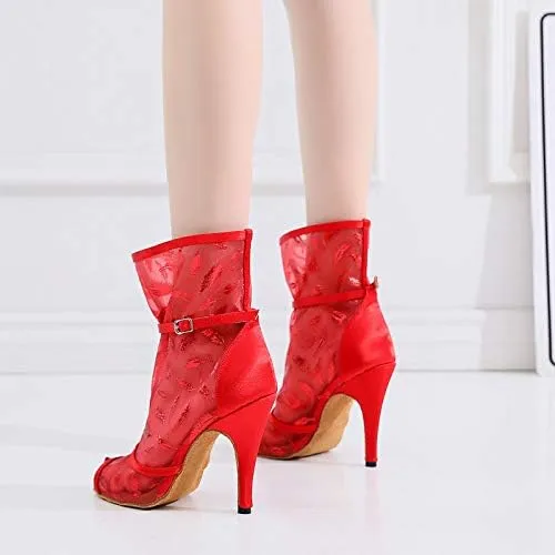 DKZSYIM Women's Ballroom Dance Shoes 3 1/3 Inch High Heel Ankle Booties Performance Dance Boots,Model QJW1052