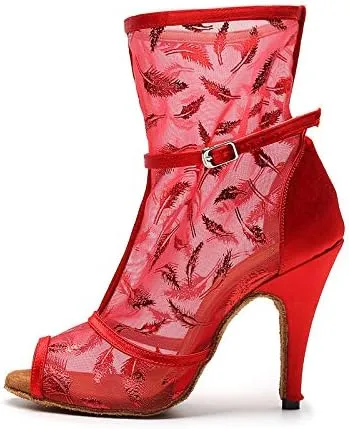 DKZSYIM Women's Ballroom Dance Shoes 3 1/3 Inch High Heel Ankle Booties Performance Dance Boots,Model QJW1052