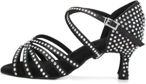 DKZSYIM Women's Satin Latin Dance Shoes Rhinestone Ballroom Salsa Performance Practice Dancing Shoes,AFCT40403-Black-6.5,US 8.5