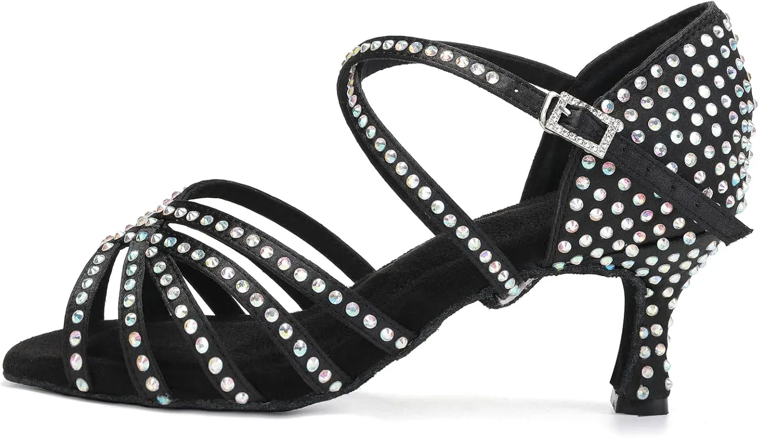 DKZSYIM Women's Satin Latin Dance Shoes Rhinestone Ballroom Salsa Performance Practice Dancing Shoes,AFCT40403-Black-6.5,US 8.5