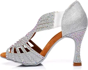 DKZSYIM Women's Satin Latin Dance Shoes Wedding Rhinestone Dance Shoes,Practice Dancing Shoes Model YCL379