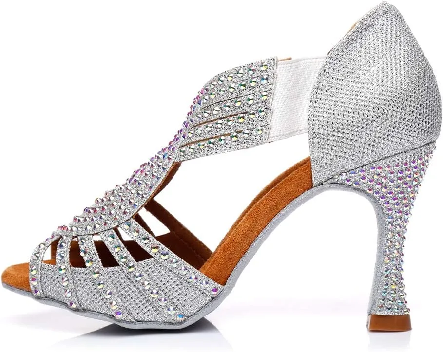 DKZSYIM Women's Satin Latin Dance Shoes Wedding Rhinestone Dance Shoes,Practice Dancing Shoes Model YCL379