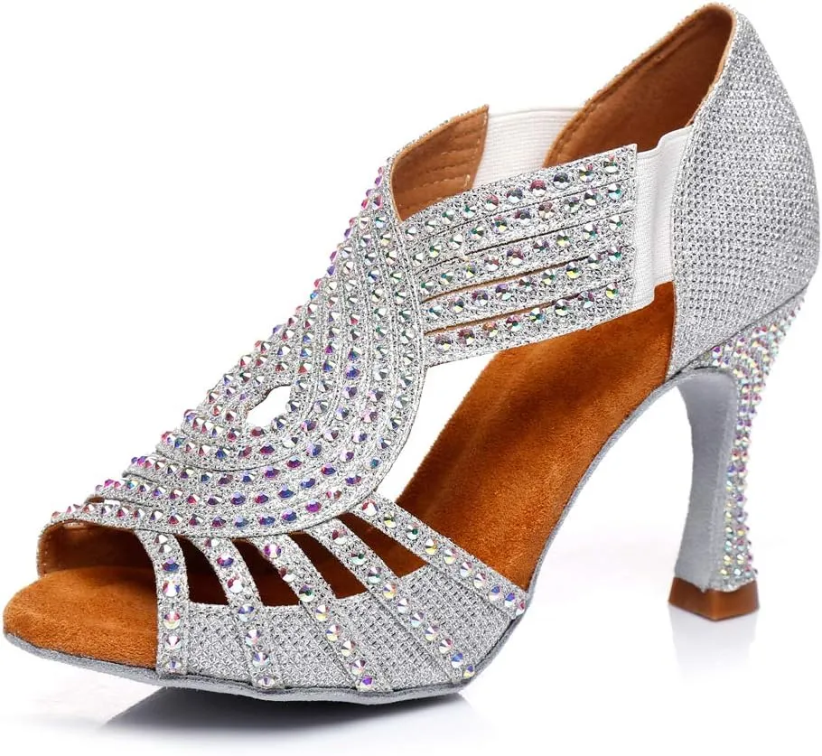 DKZSYIM Women's Satin Latin Dance Shoes Wedding Rhinestone Dance Shoes,Practice Dancing Shoes Model YCL379