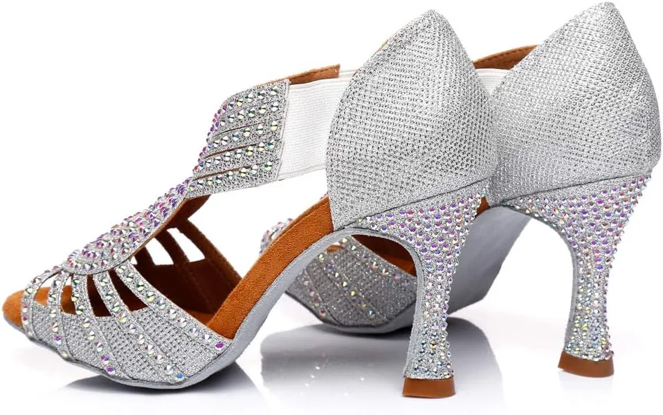 DKZSYIM Women's Satin Latin Dance Shoes Wedding Rhinestone Dance Shoes,Practice Dancing Shoes Model YCL379