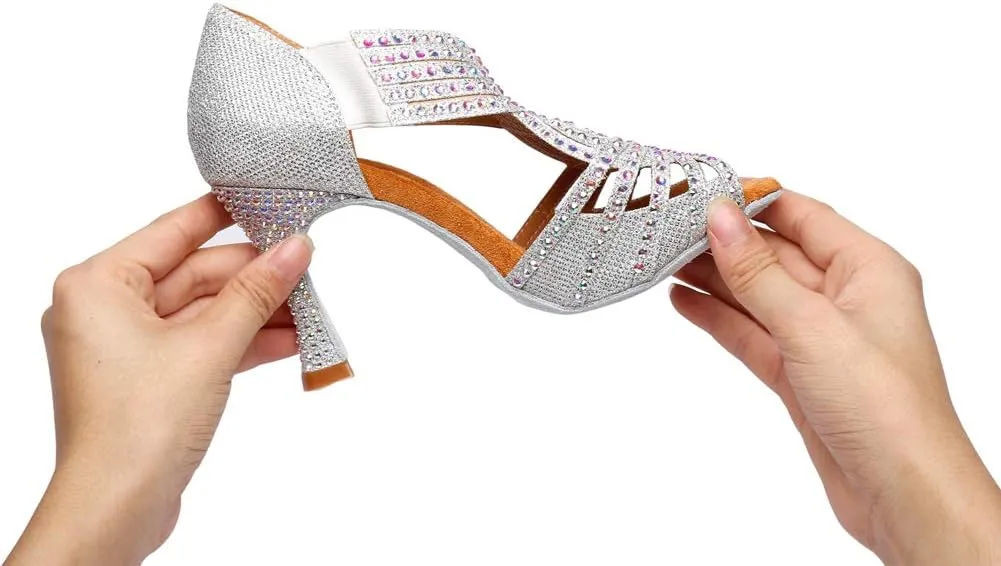 DKZSYIM Women's Satin Latin Dance Shoes Wedding Rhinestone Dance Shoes,Practice Dancing Shoes Model YCL379
