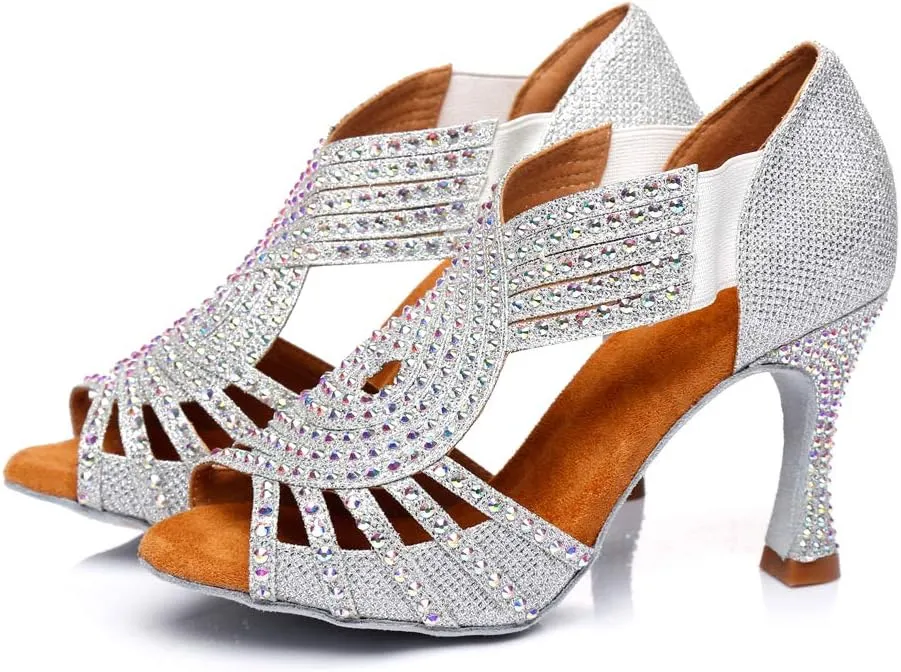 DKZSYIM Women's Satin Latin Dance Shoes Wedding Rhinestone Dance Shoes,Practice Dancing Shoes Model YCL379