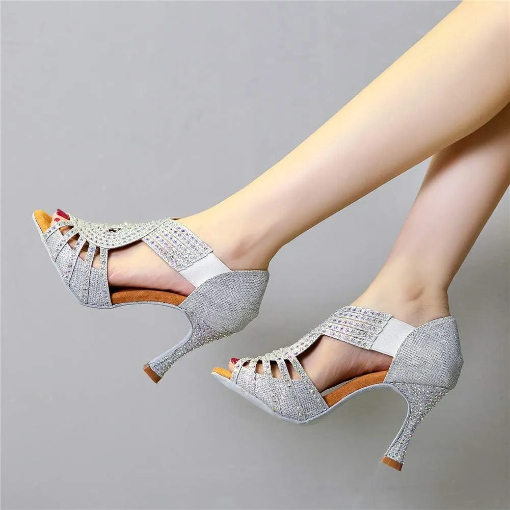 DKZSYIM Women's Satin Latin Dance Shoes Wedding Rhinestone Dance Shoes,Practice Dancing Shoes Model YCL379