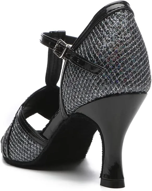 DKZSYIM Women's T-Strap Latin Dance Shoes Rhinestone Ballroom Salsa Performance Practice Dancing Shoes,Model YCL517