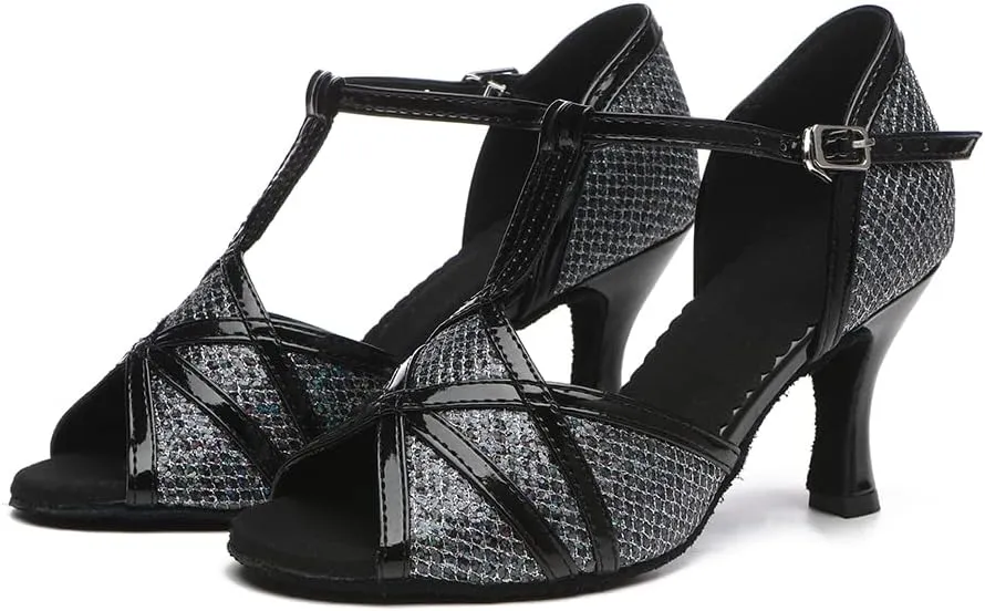 DKZSYIM Women's T-Strap Latin Dance Shoes Rhinestone Ballroom Salsa Performance Practice Dancing Shoes,Model YCL517