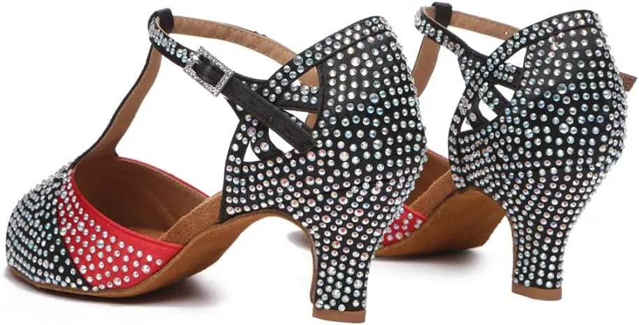 DKZSYIM Women's T-Strap Latin Dance Shoes Rhinestone Ballroom Salsa Performance Practice Dancing Shoes,Model YCL517