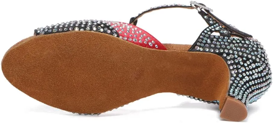 DKZSYIM Women's T-Strap Latin Dance Shoes Rhinestone Ballroom Salsa Performance Practice Dancing Shoes,Model YCL517