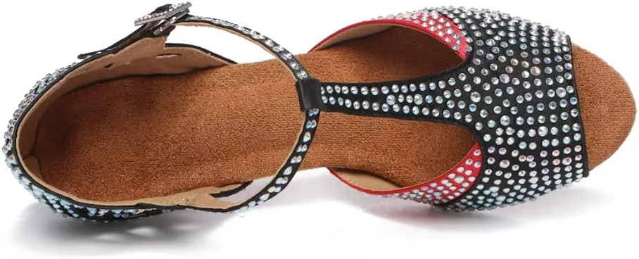 DKZSYIM Women's T-Strap Latin Dance Shoes Rhinestone Ballroom Salsa Performance Practice Dancing Shoes,Model YCL517